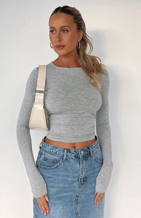 Slim Fit Long Sleeve Crop Crewneck Tee Shirt